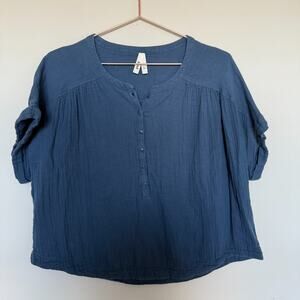 Pact Women Top Large French Navy Organic Coastal Double Gauze Partial Button-Up